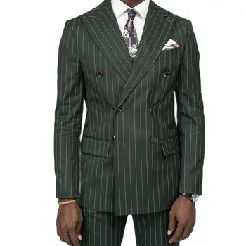 Мужской строгий костюм в зеленую полоску, двубортный, из 2 предметов, приталенные комплекты мужской одежды в стиле ретро для бизнеса, повседневности, свадьбы