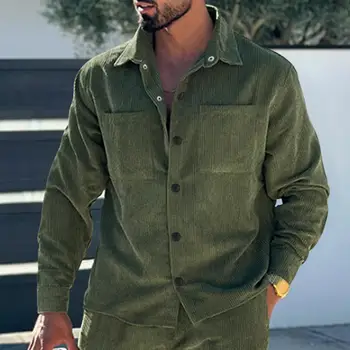 Мужская рубашка Дышащая мужская рубашка в стиле ретро, мужская рубашка с длинным рукавом и отложным воротником, однобортный дизайн, Однотонный весенний вариант.