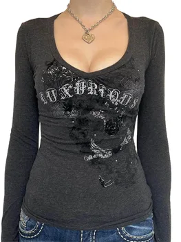 Женская футболка с эстетическим графическим рисунком в стиле гранж Fairy в винтажном стиле - приталенный топ с длинным рукавом в стиле Y2K с готическими мотивами