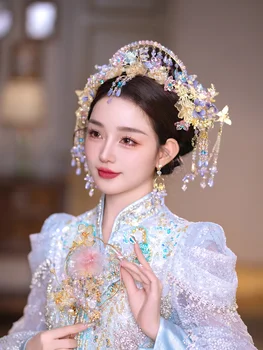 Головной убор невесты Сюхэ Новая Свадебная Китайская атмосфера Fengguan Step Shake Украшения с Бахромой Набор украшений для волос Hanfu Заколки для волос Stick