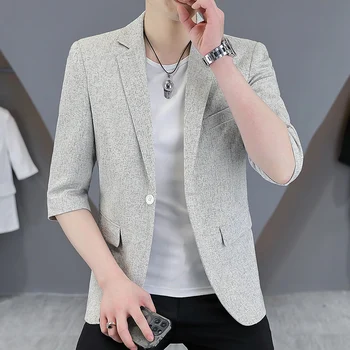 Летний мужской модный бутик 2023, Повседневный однотонный дышащий Корейский вариант, Молодежный приталенный свадебный блейзер