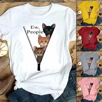 Модные женские и женские футболки с рисунком милого кота с короткими рукавами и круглым вырезом, забавные футболки, Верхняя рубашка, женская одежда
