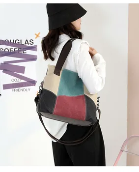 Женская холщовая сумка через плечо, повседневная модная стильная сумка-тоут с контрастной отстрочкой, винтажная сумка через плечо