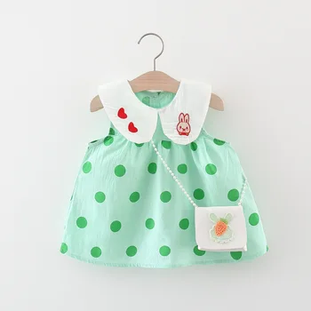 Летний комплект из 2 предметов для малышей, детская пляжная юбка в милый мультяшный горошек без рукавов, хлопковая юбка принцессы для новорожденных + сумка, детская одежда
