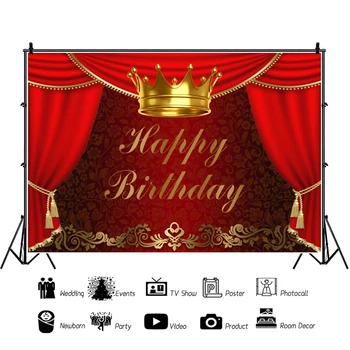 С Днем Рождения Backrop Красный занавес Корона День рождения цирка Фотографический фон Фотостудия для детей и взрослых Phtocall