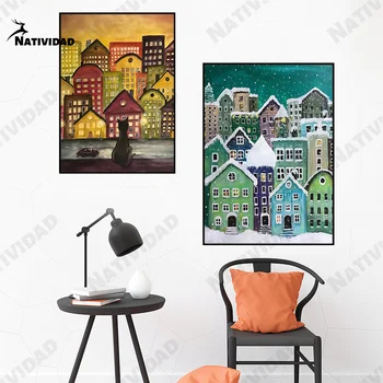 Современные абстрактные плакаты с мультяшным городским пейзажем и принты на холсте, настенные картины для домашнего декора гостиной