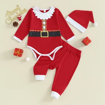 Одежда Для малышей, комплекты штанов для девочек из 3 предметов, комбинезон Санта Клауса с длинным рукавом, штаны контрастного цвета, шляпа, комплекты детской одежды
