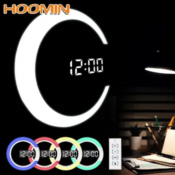 Ночник HOOMIN Temperature LED Настенные часы Цифровые 3D 7 цветов Украшение гостиной Зеркало Настольные Будильники Пульт дистанционного управления