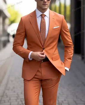 Оранжевый мужской деловой костюм Жениха, Смокинги для женихов, Свадебная вечеринка, официальный случай, комплект из 2 предметов, Куртка, Брюки