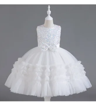 Детское милое платье для девочек, элегантное вечернее платье с пайетками, сетчатые пушистые короткие платья принцессы без рукавов для 3-8-12 лет