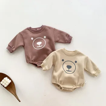 Комбинезон для маленьких мальчиков и девочек 0-2 лет, флисовый комбинезон с мультяшным медведем + шапка, теплая осенняя одежда с длинными рукавами для новорожденных.