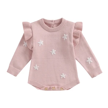 Вязаный свитер для маленьких девочек, ползунки с цветочной вышивкой, комбинезоны с длинными рукавами, милая одежда для новорожденных малышей