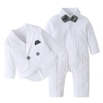 Белое детское платье для крещения с длинным рукавом для мальчиков, комбинезон с двубортным пальто, однотонный комплект для новорожденных