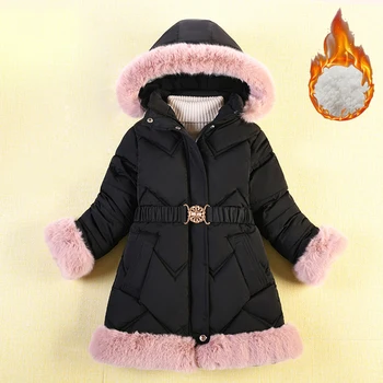 Классические Зимние куртки для девочек, сохраняющие тепло, воротник для волос, Рождественское пальто, верхняя одежда на молнии с капюшоном, подарок на день рождения, детская одежда 5-10 лет