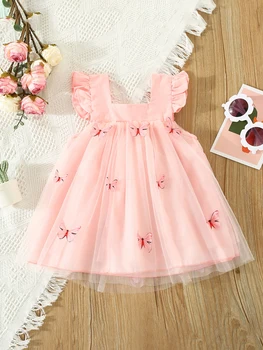 Летнее платье для маленьких девочек с гофрированными рукавами и квадратным вырезом, тюлевое платье-пачка с 3D бабочкой, детская одежда (розовый, 18-24 месяца)