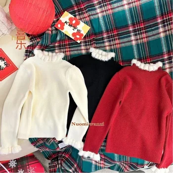 Зимний Новый свитер для девочки, модный кружевной воротник для девочки, трикотаж на меховой утолщенной основе