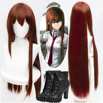 Аниме Steins Gate Makise Kurisu Ассистент Кристины Коричневый прямой длинный парик, обувь для косплея, сапоги, парик на Хэллоуин для женщин, волосы новые