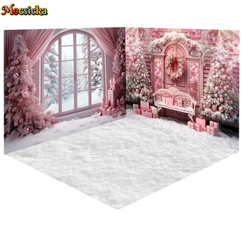 3D Рождественская комната Классные зимние Снежно-розовые фоны для рождественской фотосъемки Семейный портрет Фон для фотосъемки с разбитым тортом на день рождения детей