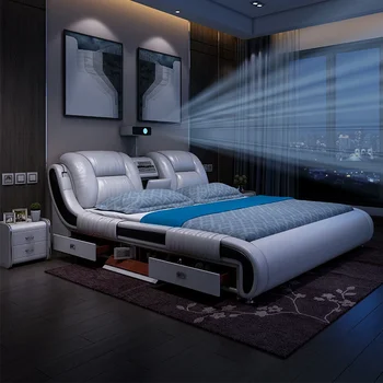 Кровать из натуральной кожи Многофункциональные кровати Массажные камеры Ultimate с Bluetooth, динамиком, сейфом, воздухоочистителем, проектором, выдвижными ящиками