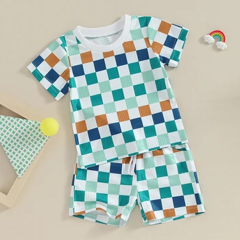 Летняя одежда для маленьких мальчиков и девочек, футболка в клетку и рубчик с коротким рукавом, топ, шорты, комплект из 2 предметов, одежда в шахматном порядке