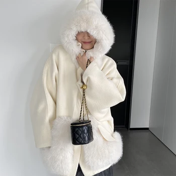 Утолщенное шерстяное пальто для женщин 2023, Зимняя меховая куртка с меховым воротником в стиле пэчворк, однобортное пальто с карманами и капюшоном, теплое пальто