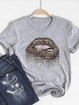 Футболка Базовая одежда Женская одежда Футболка с принтом Leopard Trend Lip Sweet Trend Летний топ Модная футболка с коротким рукавом и рисунком