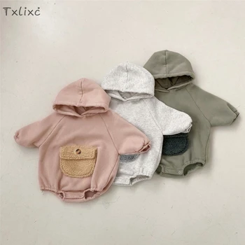 Txlixc Весенне-осенний комбинезон с капюшоном для маленьких девочек и мальчиков, комбинезон контрастного цвета с длинным рукавом и одним карманом для малышей 0-24 месяцев