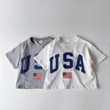 Корейская летняя футболка для мальчиков и девочек с принтом США, футболка с коротким рукавом, хлопковые повседневные топы, одежда для младенцев, одежда для малышей от 6 до 4 лет