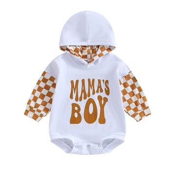 Осенняя толстовка для новорожденных мальчиков, комбинезон с капюшоном в виде буквы в шахматном порядке, комбинезон с длинным рукавом, одежда для малышей