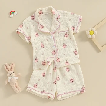 Детские Пасхальные пижамы для девочек, рубашки с короткими рукавами и шорты с принтом кролика, пижамные комплекты для отдыха