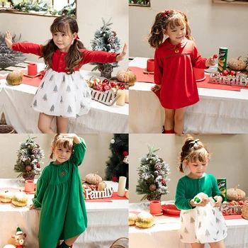 Новые платья с мультяшным принтом для маленьких девочек, рождественская елка, детское рождественское сетчатое платье принцессы, Детские Рождественские новогодние платья