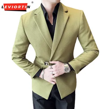 Высококачественный Летний Тонкий блейзер, куртки для мужчин, одежда 2023, Модный дизайн с пряжкой, Приталенный Повседневный костюм, пальто, смокинг, Формальный 3XL