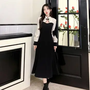 2024 Улучшенное платье чонсам в китайском стиле с длинными рукавами для женщин на весну-осень, тонкая темпераментная юбка средней длины