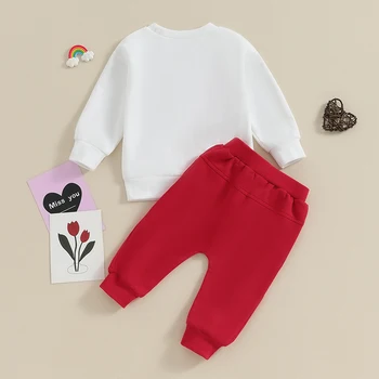 Одежда для маленьких мальчиков на День Святого Валентина, толстовка с длинными рукавами и однотонными штанами с вышивкой буквами, комплект одежды из 2 предметов