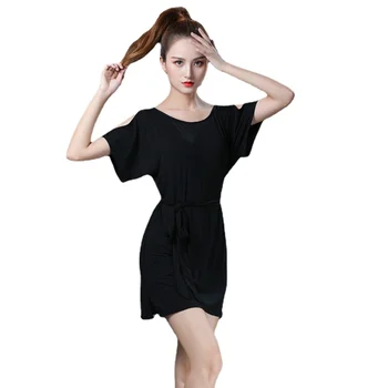 Черное тренировочное платье для латиноамериканских танцев с коротким рукавом, свободное Сексуальное танцевальное платье с рукавами 