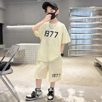 Летний детский костюм 2023 года, Одежда для маленьких мальчиков, Комплект хлопчатобумажной одежды для мальчиков в Корейском стиле из 2 предметов, Футболка + шорты, Повседневная одежда от 5 до 14 лет