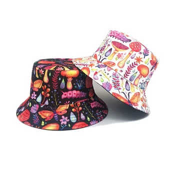Весенняя хлопковая шляпа-ведро с мультяшным грибным принтом, шляпа рыбака, солнцезащитная кепка для путешествий на открытом воздухе для мужчин и женщин 236