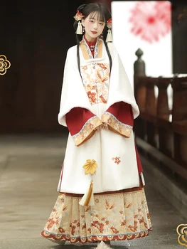 Женская рубашка с широким воротником в стиле династии Мин от Hanfu с добавлением бархата и плотной юбкой в виде лошадиной морды для зимы