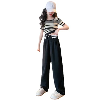 Корейская Детская одежда, Летний Новый Пуловер в полоску с круглым вырезом + Свободные Повседневные Широкие брюки из 2 предметов, Модный Комплект одежды Для девочек от 4 до 14 лет