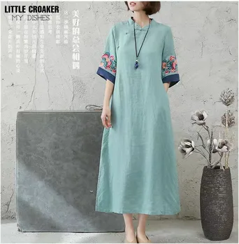 Китайская традиционная одежда для женщин с коротким рукавом Chong Sum Китайское платье больших размеров Платья Льняное хлопковое Ципао