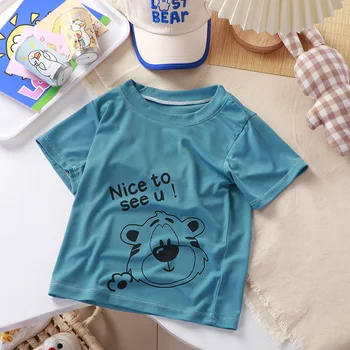 Детская футболка с короткими рукавами, летняя новинка, одинарный топ из ледяного шелка для мальчиков и девочек, мультяшный однотонный детский топ с короткими рукавами