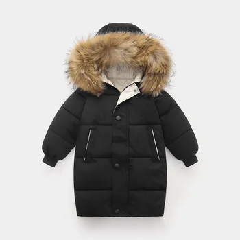 Детское плотное теплое пуховое пальто, Зимние длинные парки с капюшоном из натурального меха для мальчиков, хлопковые пуховики для девочек, Верхняя одежда для детей-подростков