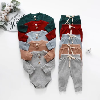 Комплект одежды для новорожденных мальчиков и девочек, осенний хлопковый комбинезон с длинными рукавами в рубчик на пуговицах + брюки, комплект одежды из 2 предметов, пижамный комплект