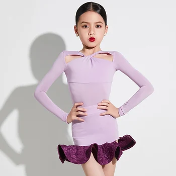 Фиолетовое платье для латиноамериканских танцев Чача, костюм для соревнований по Румбе и Самбе, Тренировочная одежда с длинным рукавом, Боди и юбка, комплекты VDB7630