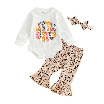 Комплекты штанов из 3 предметов для маленьких девочек, белые комбинезоны с длинными рукавами и буквенным принтом, расклешенные брюки с леопардовым принтом, комплекты повязок на голову