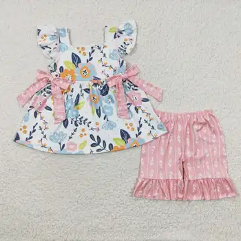 Новое обновление RTS, Оптовая Продажа, Модные Комплекты для малышей, Детская Весенняя одежда с цветочным рисунком, Розовые наряды для маленьких девочек