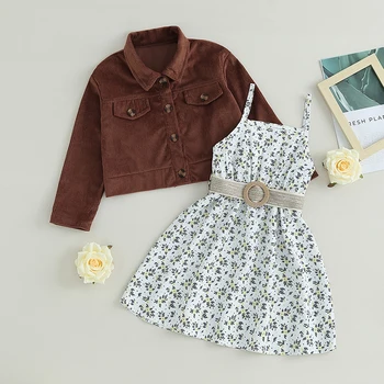 Комплект одежды из 2 предметов для девочек 2-6 лет, платье-комбинация без рукавов с цветочным поясом и повседневная куртка с длинным рукавом, осенний наряд