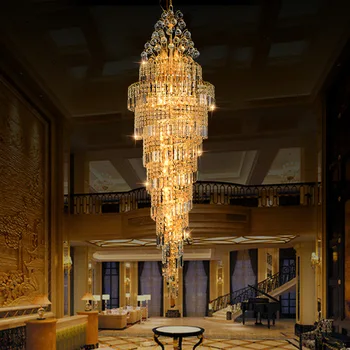 Роскошная Двухуровневая Хрустальная люстра с золотым светодиодом, подвесной светильник Cristal длиной до пола, лестница, вестибюль виллы, Гостиная, столовая
