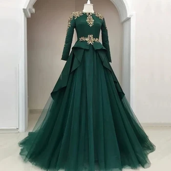 Зеленое мусульманское вечернее платье 2024 Трапециевидной формы с длинными рукавами, Тюль, золотое кружево, Кристаллы, Исламское, Дубайское, Саудовское, Арабское, Длинное Официальное вечернее платье