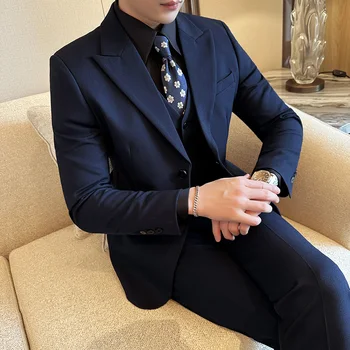 Высококачественная шерсть (костюм + жилет + брюки) Стильный красивый мужской деловой повседневный комплект из трех предметов для жениха Tencel